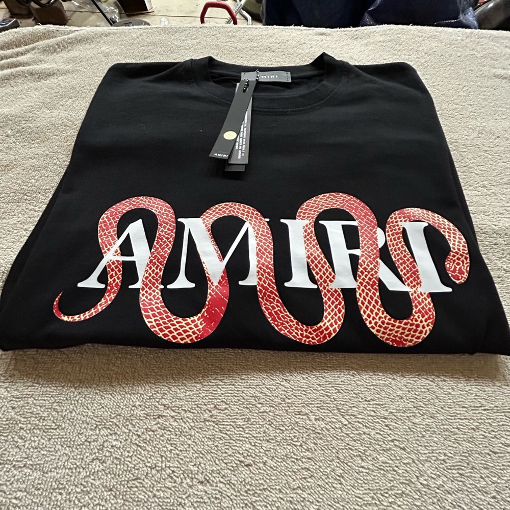 AMIRI Black Tee with Red and White Snake Logo